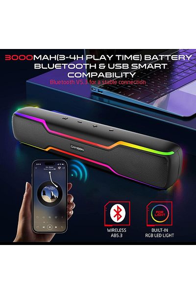 GAMEON شريط صوت لاسلكي Dominator Blaze 10W*2 مع بطارية 3000 مللي أمبير في الساعة، إصدار 5.3، أضواء RGB، TWS، والمزيد