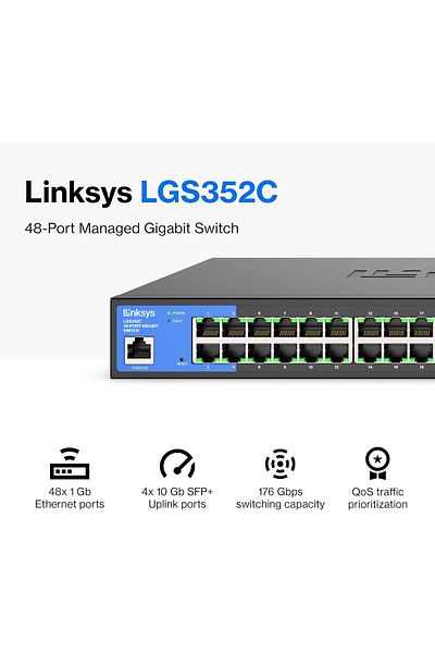 Linksys LGS352C مفتاح شبكة مُدار بـ 48 منفذ Gigabit مع 4 فتحات SFP+ بسرعة 10 جيجابت في الثانية - Advanced Sec