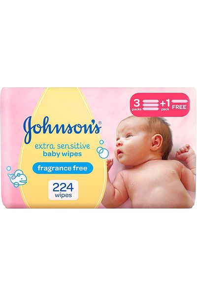 Johnson & Johnson JOHNSON’S Baby Wipes, Extra Sensitive Hypoallergenic, 3+1 Packs of 56 wipes, 224 total count