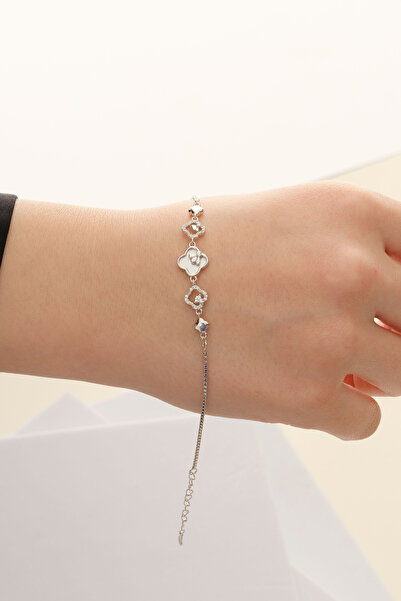 Söğütlü Silver Gümüş rodyumlu sedef ve zirkon taşlı gizemli yonca bileklik SG...