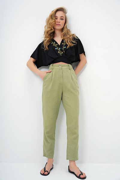 Trend Alaçatı Stili Pantaloni de damă, verde, cu efect decolorat, cu buzunar dublu, morcov ALC-X13536