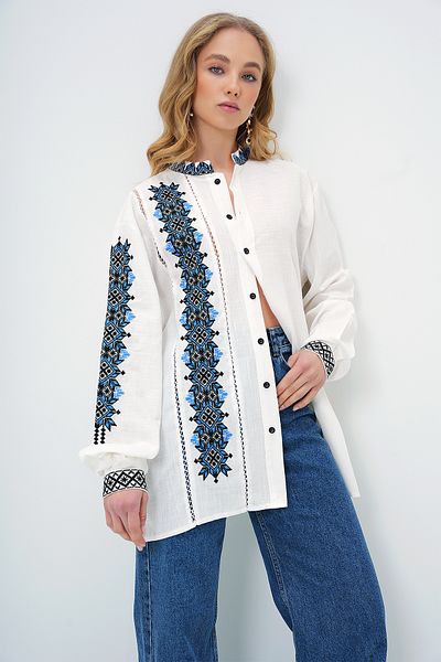 Trend Alaçatı Stili Women's Ecru Judge Collar Embroidered Linen Shirt Alc-X13716