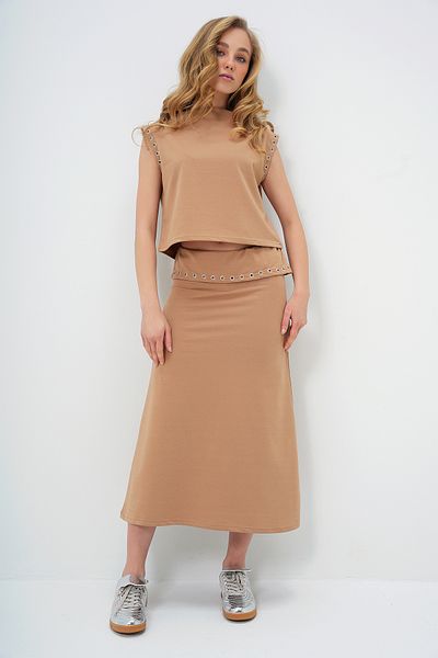 Trend Alaçatı Stili Women's Camel Ring Stand Collar Blouse and Skirt Suit Alc-X13482