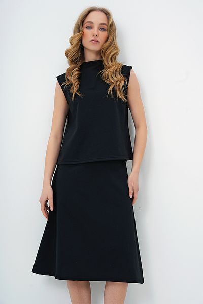 Trend Alaçatı Stili Women's Black Stand Collar Sleeveless Blouse Skirt Suit Alc-X13485