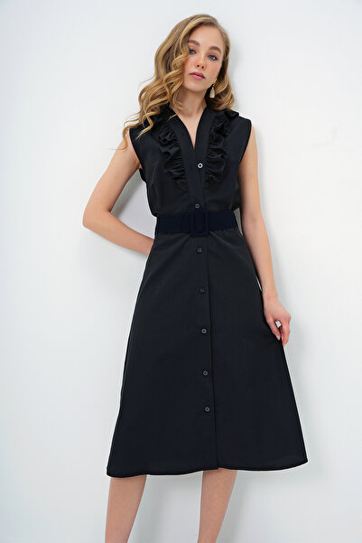 Trend Alaçatı Stili Kadın Siyah Önü Fırfırlı Kemerli Poplin Dokuma Elbise ALC-X11609
