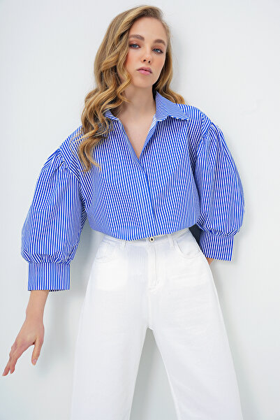 Trend Alaçatı Stili Női sötétkék-csíkos léggömb ujjú rejtett csípős Basic poplin ing ALC-X9654