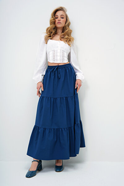 Trend Alaçatı Stili Sötétkék bélelt női szoknya réteges elasztikus derékkal, poplin Flounce ALC-X13700