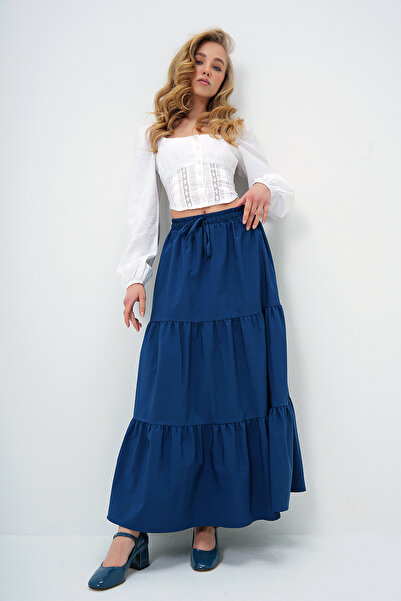 Trend Alaçatı Stili Sötétkék bélelt női szoknya réteges elasztikus derékkal, poplin Flounce ALC-X13700