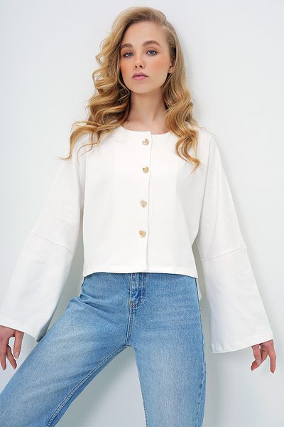 Trend Alaçatı Stili Women's White Gold Buttoned Knitwear Cardigan Alc-X12714