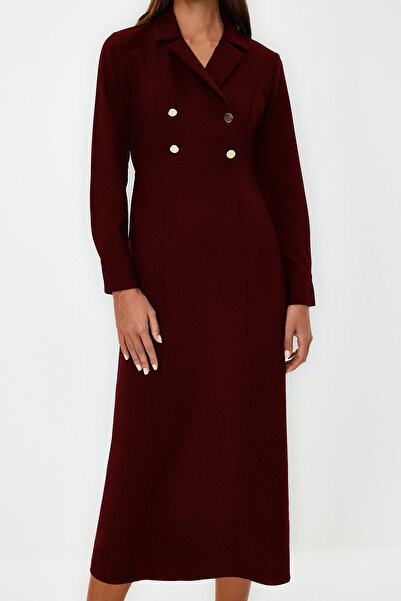 Trendyol Modest Burgundy Double Breasted Collar Gold Button Detail Woven Dress Tctss24Eb00020