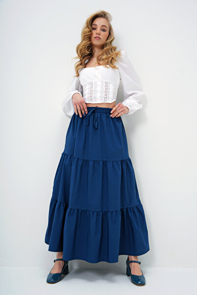 Trend Alaçatı Stili Sötétkék bélelt női szoknya réteges elasztikus derékkal, poplin Flounce ALC-X13700