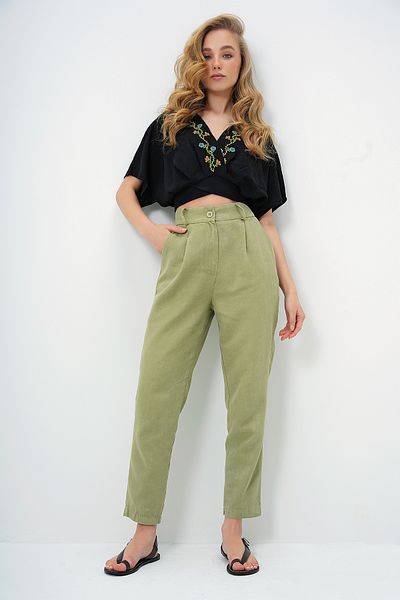 Trend Alaçatı Stili Pantaloni de damă, verde, cu efect decolorat, cu buzunar dublu, morcov ALC-X13536