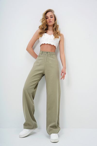 Trend Alaçatı Stili Grüne Damen-Sommer-Gabardine-Hose mit hoher Taille und 5 Taschen und weitem Bein