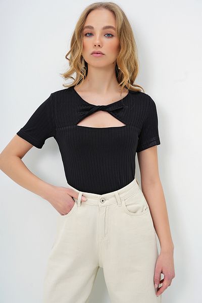 Trend Alaçatı Stili Women's Black Robe Twist Detailed Mercerized Knitted Blouse Alc-X13735