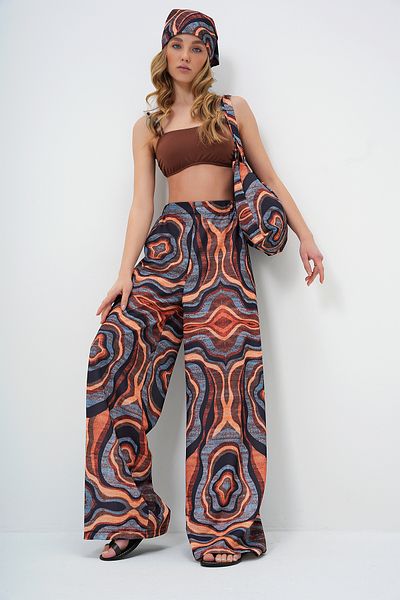 Trend Alaçatı Stili Braun gemusterte Palazzo-Hose mit elastischem Bund für Damen, Tasche und Bandana-Set ALC-X13771