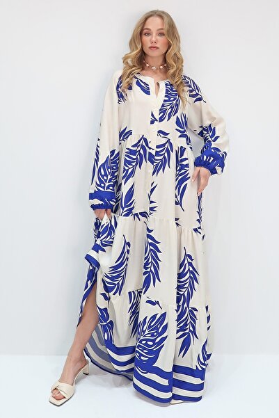 Trend Alaçatı Stili Női Saks fehér bíró gallér kendő mintás maxi hosszúságú ruha ALC-X11593