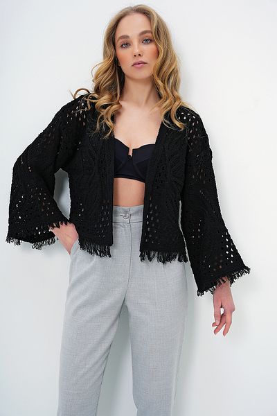 Trend Alaçatı Stili Schwarzer saisonaler Damen-Cardigan mit Schmetterlingsmotiv und Quasten auf der Rückseite ALC-X13714