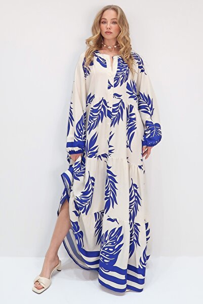 Trend Alaçatı Stili Női Saks fehér bíró gallér kendő mintás maxi hosszúságú ruha ALC-X11593