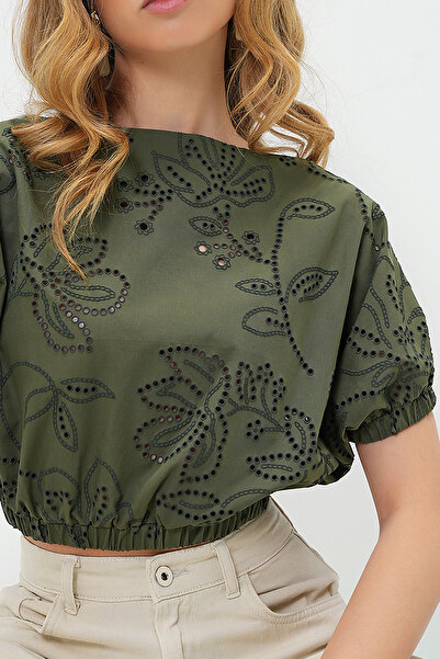 Trend Alaçatı Stili Γυναικεία μπλούζα με φαρδύ γιακά χακί Guipure Premium Crop υφαντή μπλούζα ALC-X13769