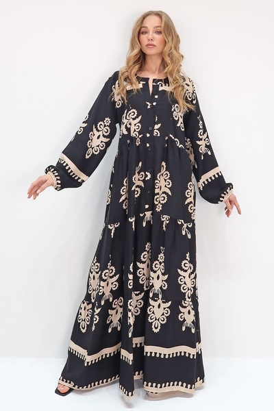 Trend Alaçatı Stili Dámské černo-béžové šátek s límcem se vzorem Maxi šaty ALC-X11593