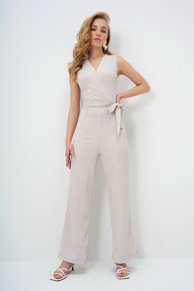 Trend Alaçatı Stili Damen-Jumpsuit mit zweireihigem Kragen und gestreiftem Gürtel in Steinoptik ALC-X13800