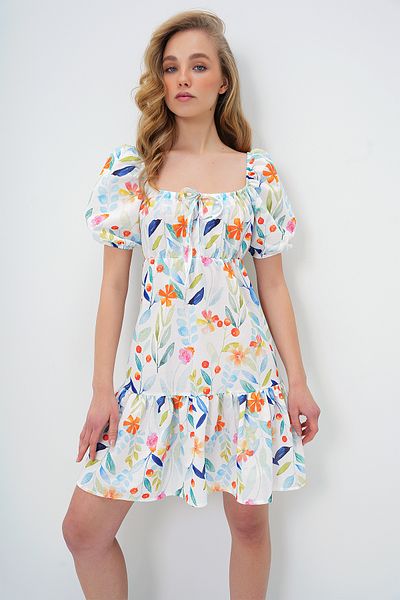 Trend Alaçatı Stili Rochie de damă albastru-verde cu guler Madonna cu mâneci cu balon cu imprimeu floral ALC-X13748