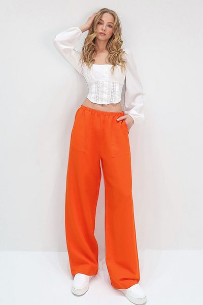 Trend Alaçatı Stili Women's Orange Double Pocket Elastic Waist Linen Wide Leg Pants Alc-X13768