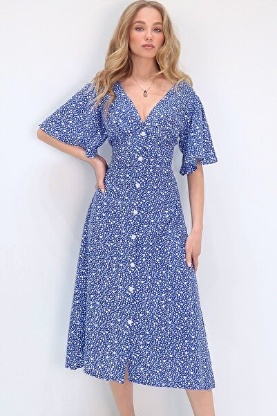Trend Alaçatı Stili Dámské modré tkané viskózové šaty s výstřihem do V vpředu s mikro vzorem ALC-X13740