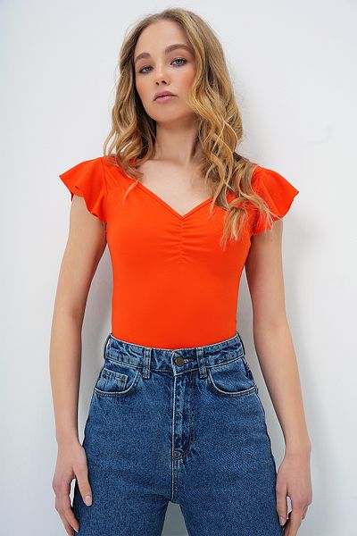 Trend Alaçatı Stili Orangefarbene Storm-Bluse mit herzförmigem Ausschnitt AL-CX13496