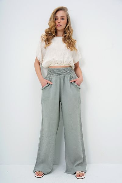 Trend Alaçatı Stili Pantaloni de damă cu buzunar dublu, tricotat în talie, cu nume turcesc, verde, verde, din muselină ALC-X13790
