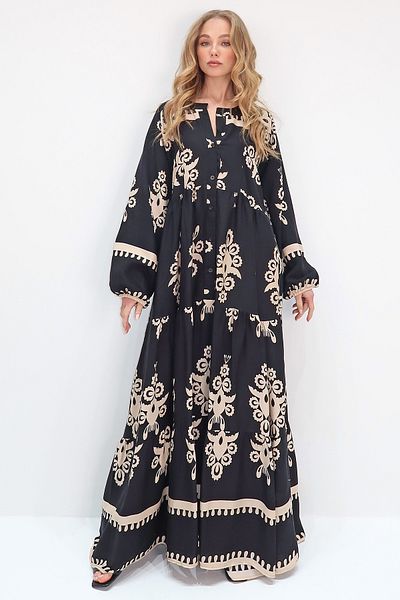 Trend Alaçatı Stili Schwarz-beiges Maxikleid mit Richterkragen und Schalmuster für Damen ALC-X11593