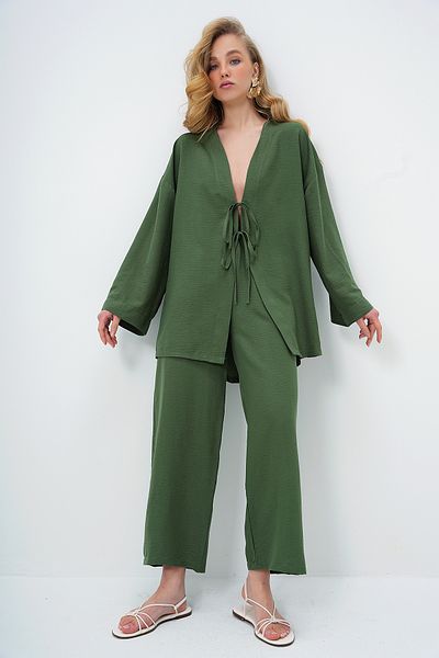 Trend Alaçatı Stili Walnut Green Kimono Jacket and Palazzo Pantalon Set Alc-X12452
