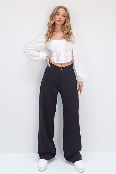 Trend Alaçatı Stili Γυναικείο μαύρο ψηλόμεσο παντελόνι Gabardine με πέντε τσέπες ALC-X13761