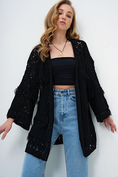 Trend Alaçatı Stili Cardigan oversize ajurat cu ciucuri negru pentru femei ALC-X10690