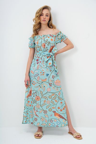 Trend Alaçatı Stili Γυναικείο φόρεμα Mint Green - Ψηφιακή εκτύπωση, βολάν μανίκια, ζώνη μέσης και σκίσιμο