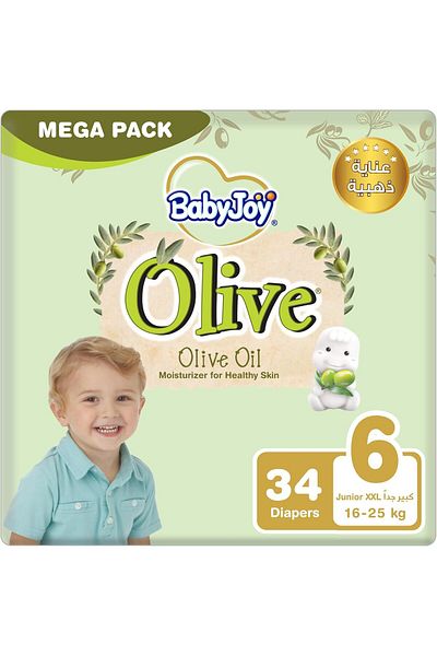 BabyJoy Olive Tape Diaper, Size 6, Junior XXL, 16-25 Kg, Mega Pack, 34 Diapers