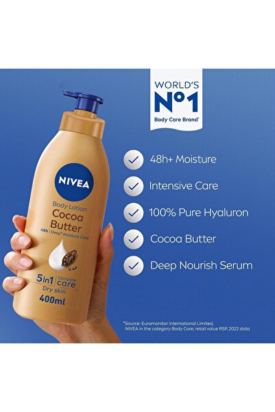 NIVEA لوشن الجسم المرطب من نيفيا للبشرة الجافة، عناية مرطبة لمدة 48 ساعة، زبدة الكاكاو وفيتامين إي، 400 مل