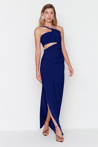 Trendyol Collection Saks ablak/kivágás részletes kötött hosszú éjszakai estélyi ruha éjszakai ballagási ruha TPRSS23AE00157