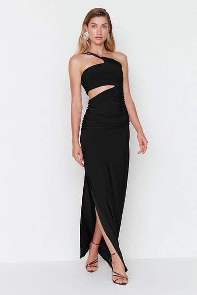 Trendyol Collection Μαύρη μέση χαμηλού κοψίματος πλεκτό μακρύ βραδινό φόρεμα νυχτερινής αποφοίτησης TPRSS23AE00157