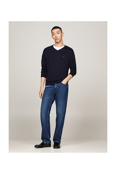 Tommy Hilfiger Herren-Pullover mit V-Ausschnitt und Flaggen-Stickerei – Marineblau