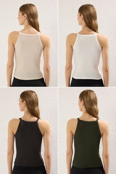 Trendyol Collection Anthrazit Ecru Beige Khaki 4er-Pack figurbetontes, bauchfreies, flexibles Strick-Tanktop