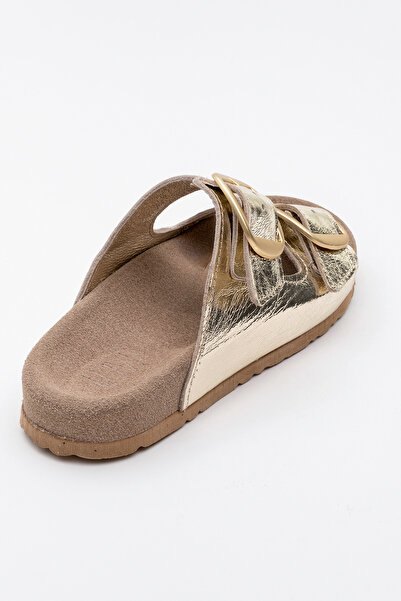 LuviShoes Papuci de damă OVESTA din piele naturală aurii cu dungi duble
