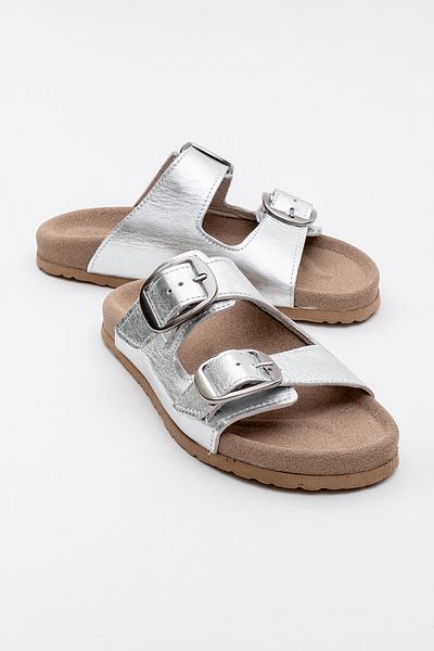 LuviShoes Papuci de damă OVESTA argintiu din piele naturală cu dungi duble