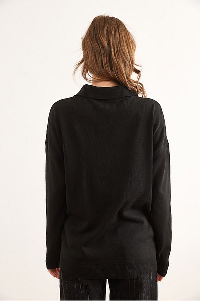 Olalook Women's Black Gold Button Polo Neck Thin Knitwear Sweater Kzk- 19000964