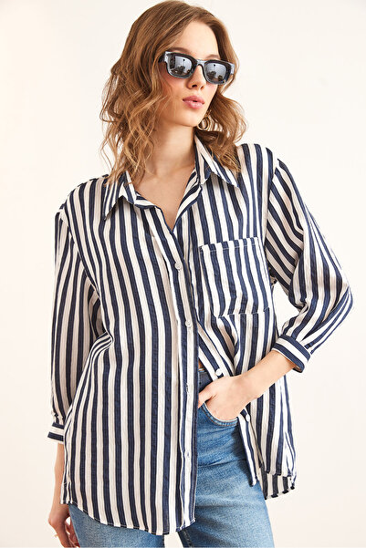 Olalook Női sötétkék zsebes csíkos Bofriend Modal Tuck ing GML- 19001296