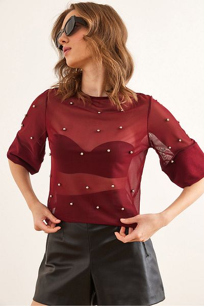 Olalook Damen Burgund Perlen detaillierte transparente Bluse BLZ- 19002861