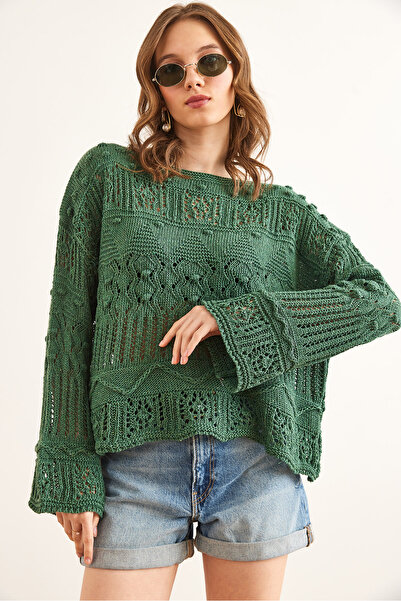 Olalook Γυναικεία Πράσινη Μικροσκοπική Πλεκτή Μπλούζα από βαμβακερό διάτρητο πομπόν BLZ- 19002336