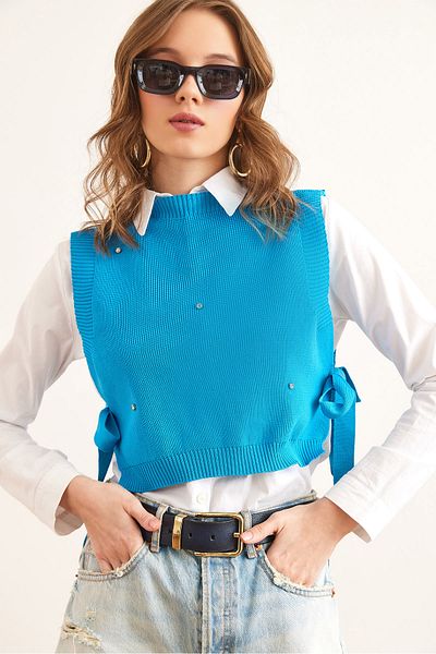 Olalook Women's Saks Blue Stone Detailed Side Tie Knitwear Sweater Svt- 00000047