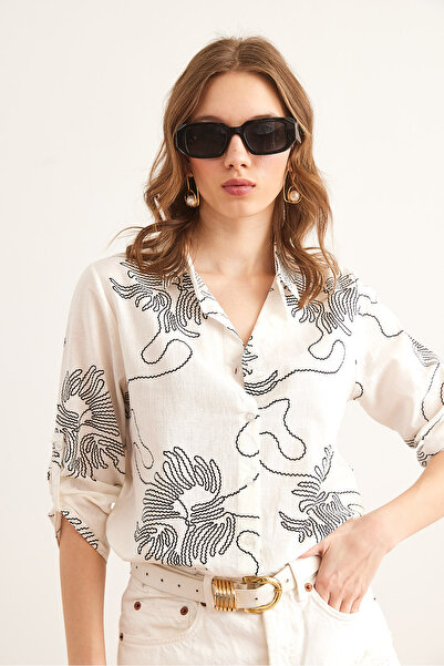 Olalook Women's Chain White Sleeve Fold Linen Shirt Gml- 19000825