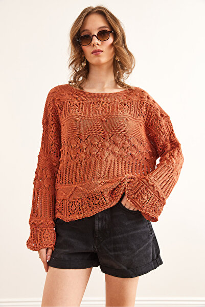 Olalook Bluză de tricotaj din bumbac ajurat cu pompon minuscul pentru femei BLZ- 19002336
